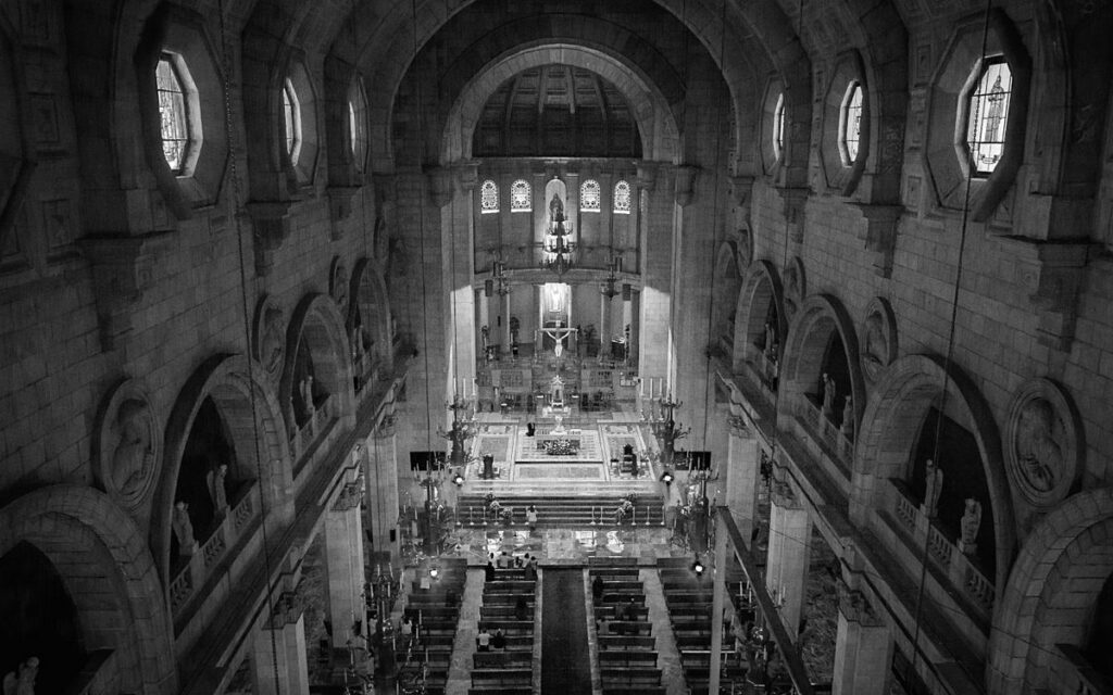 Stunning black and white view of a Catholic cathedral's interior in Toluca, Mexico.